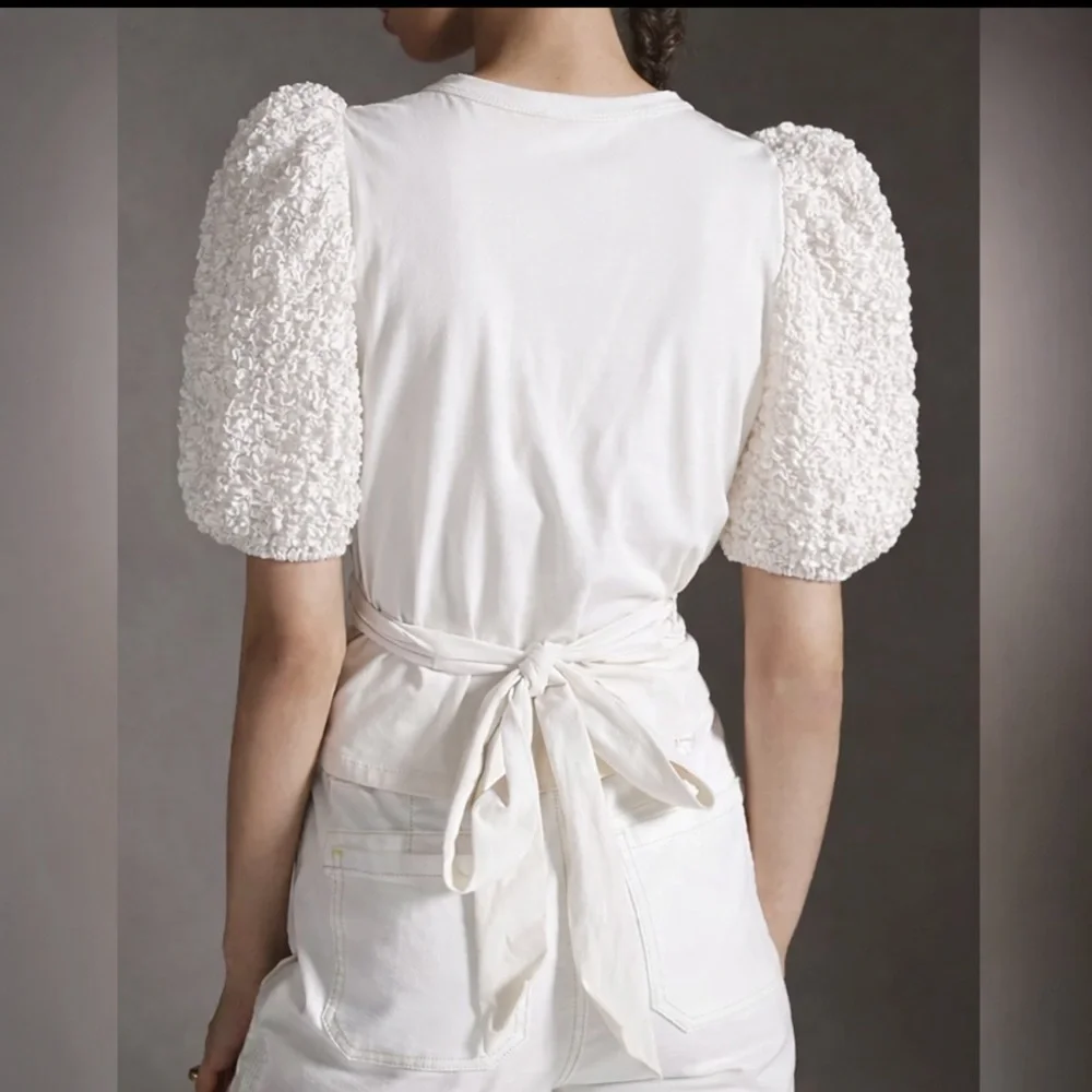 New Anthropologie current air contrast puff sleeves tie top white Medium